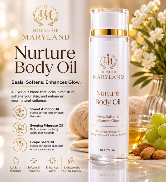 Body oil bottle with gold cap, House of Maryland label, white bottle, 200 ml