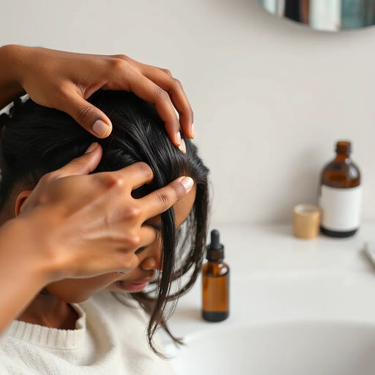 Person with melanin-rich skin gently massaging scalp and applying hair oil near the hairline