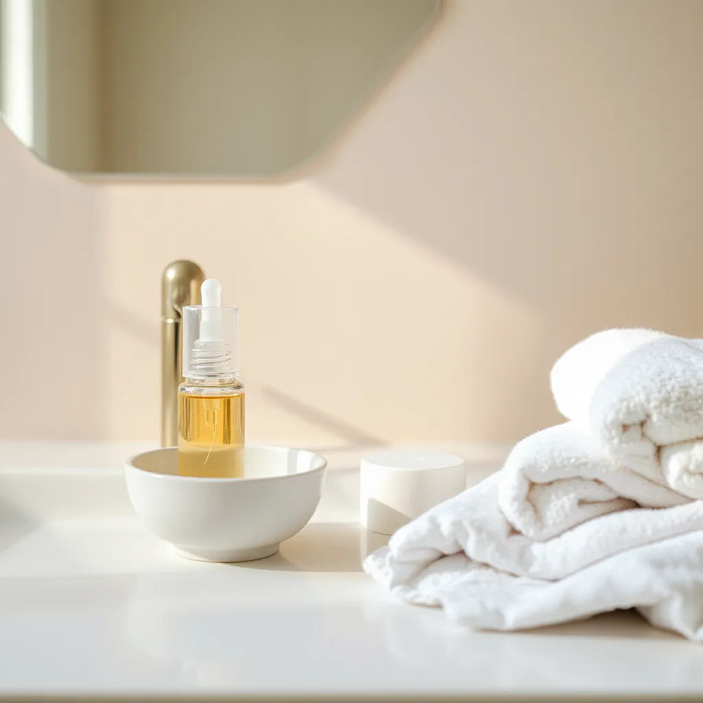Serum dropper bottle and skincare products on a clean vanity with soft natural light