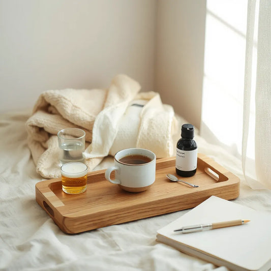 Warm-lit self-care setup with herbal tea, skincare essentials, and a journal on a wooden tray