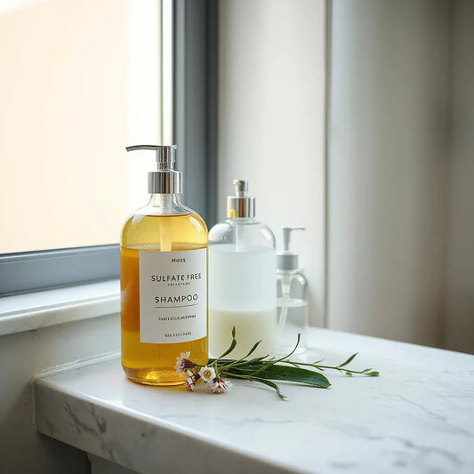 Neat row of sulfate-free shampoo bottles on a clean countertop with fresh herbal sprigs