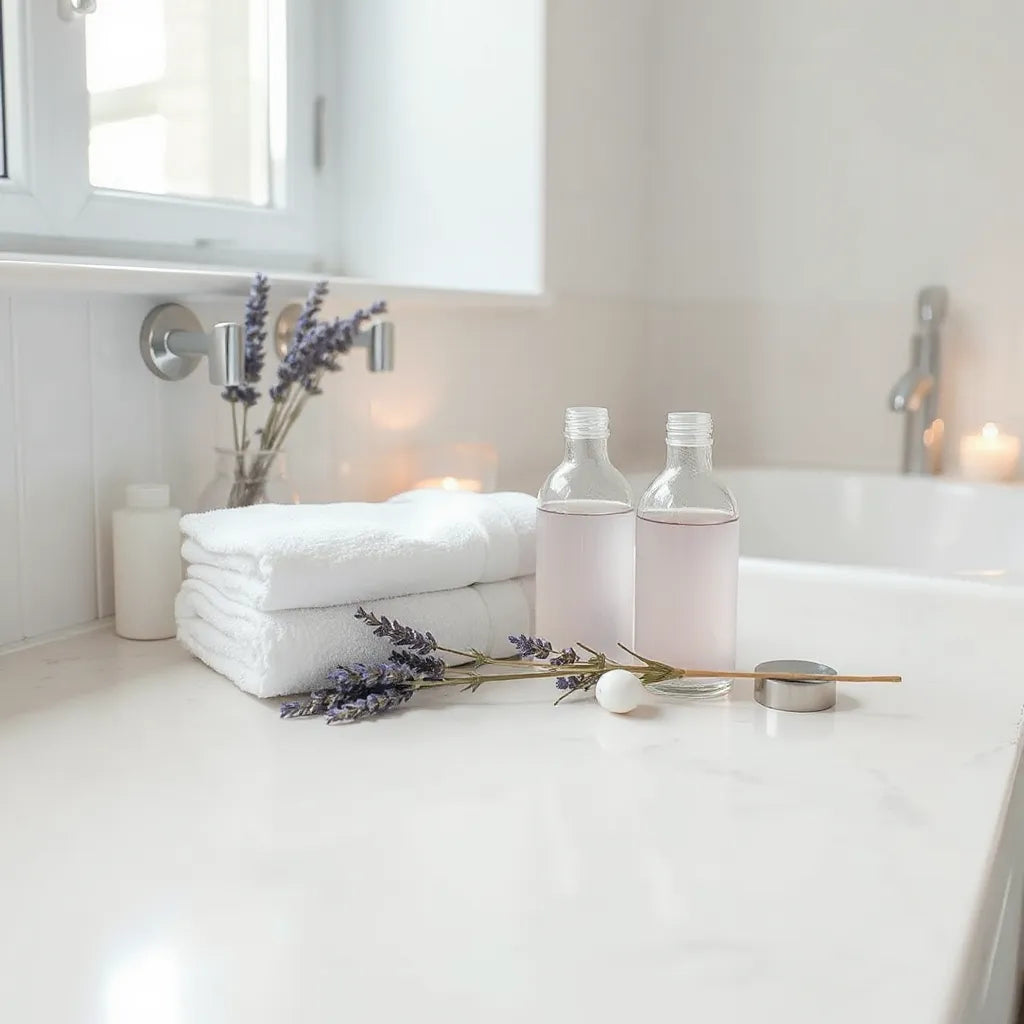 Minimal countertop with lavender skincare bottles and fresh lavender sprigs in soft natural light