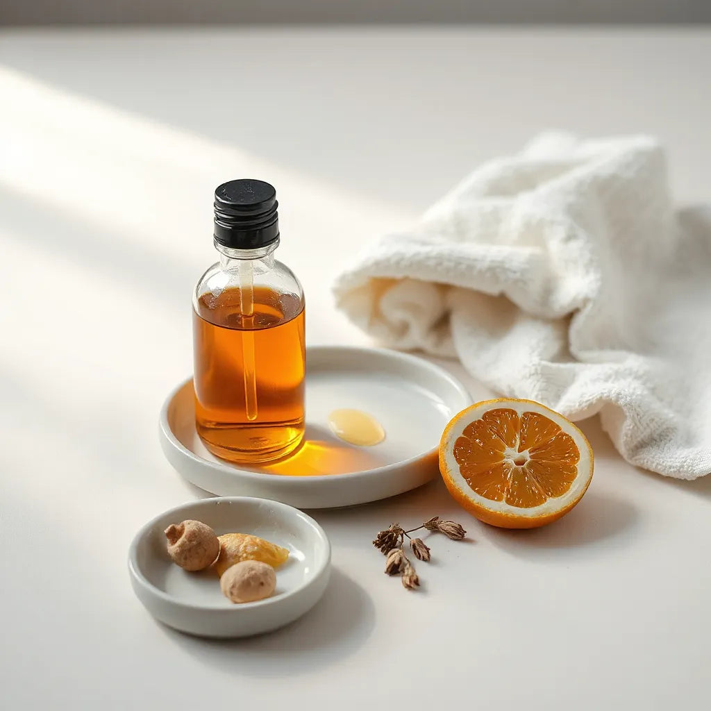 Amber body oil bottle and drops beside natural botanicals on a clean neutral background