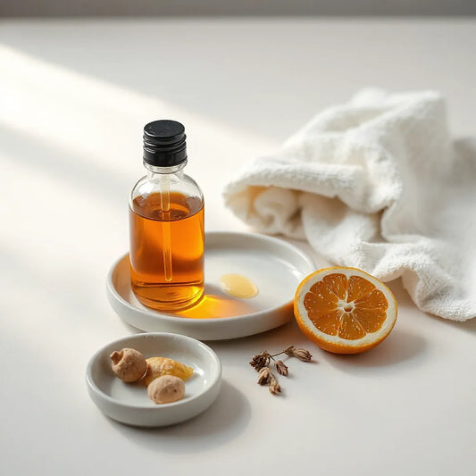 Amber body oil bottle and drops beside natural botanicals on a clean neutral background