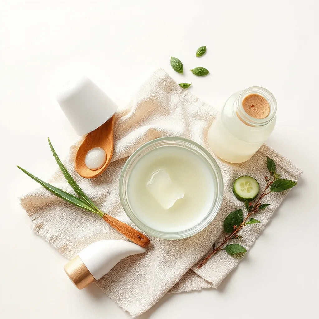 Natural skincare products with aloe gel and fresh botanicals arranged on a clean light background