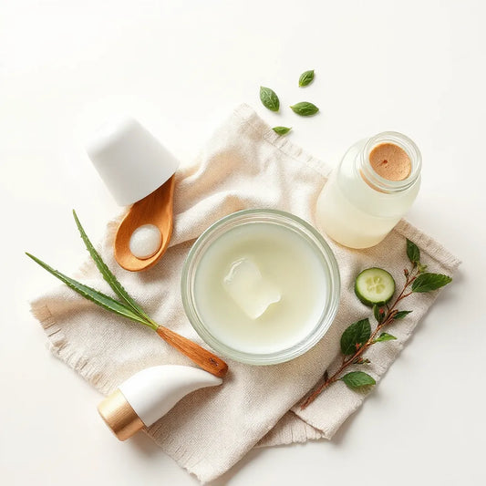 Natural skincare products with aloe gel and fresh botanicals arranged on a clean light background