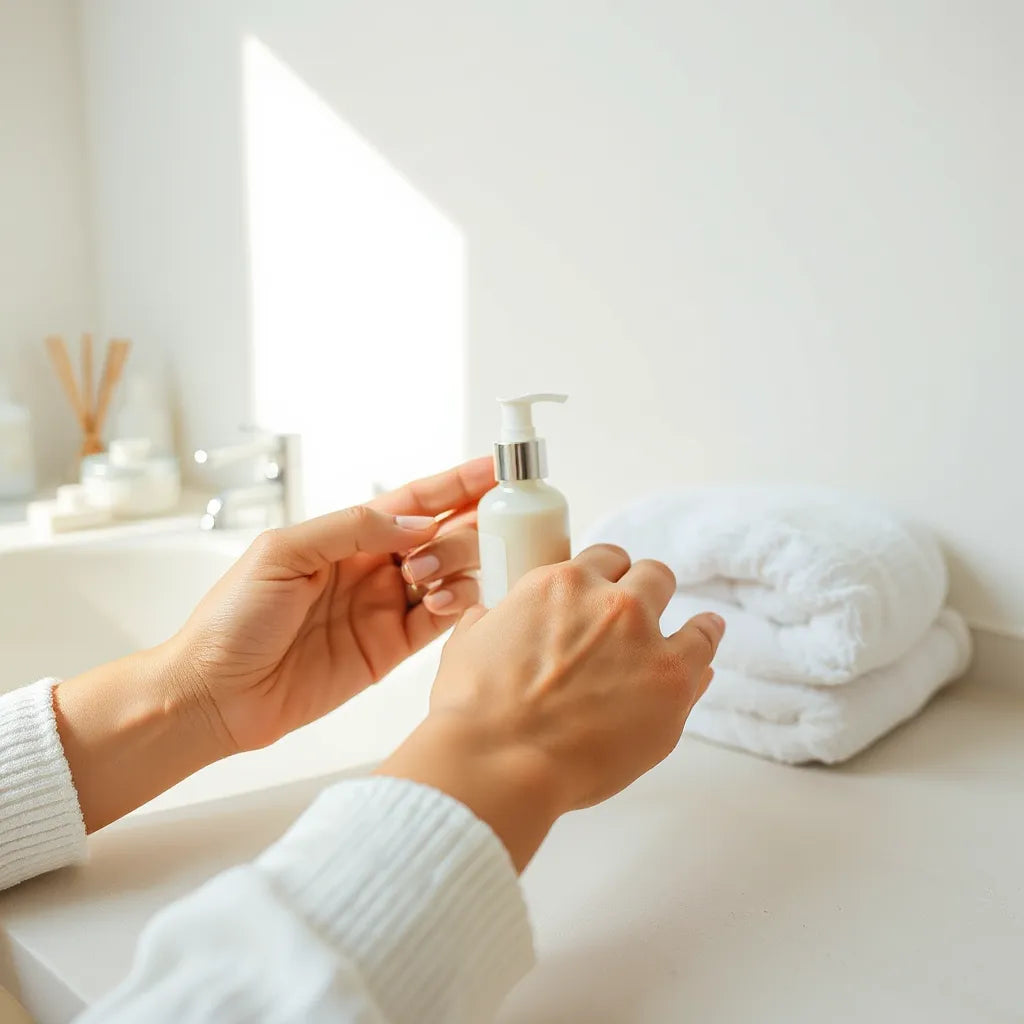 Hands gently applying body lotion to forearm skin beside a small jar on a clean countertop