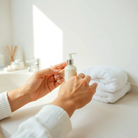 Hands gently applying body lotion to forearm skin beside a small jar on a clean countertop