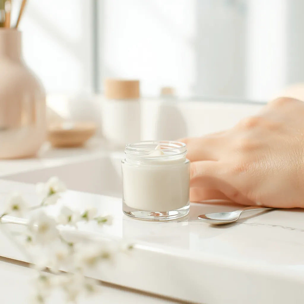 Jar of face cream with a dewy, moisturized glow on smooth skin in soft daylight