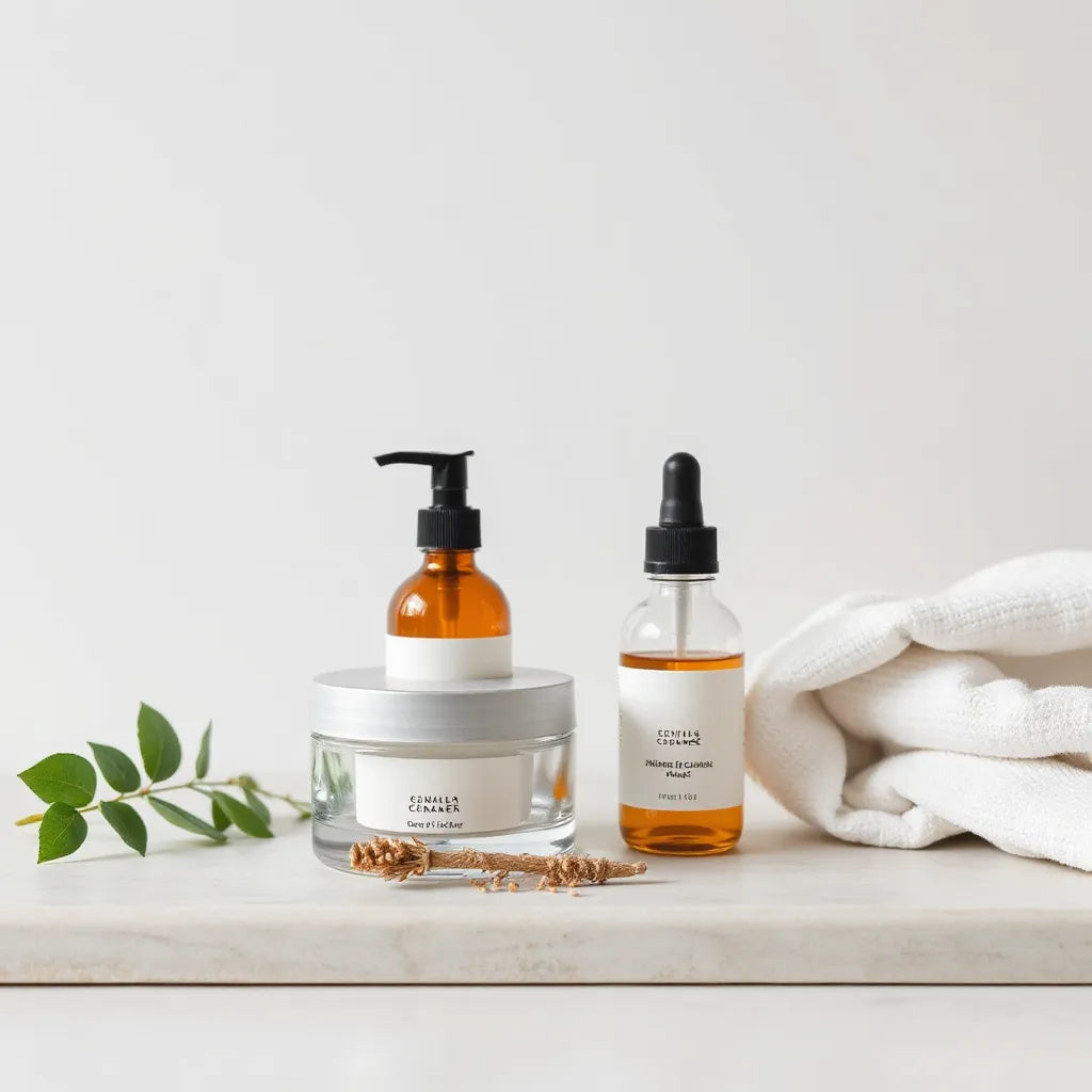 Curated face skincare set with cleanser, serum, and moisturizer arranged neatly on a clean countertop