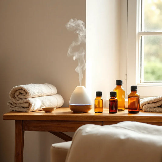Warm-lit diffuser and essential oil bottles on a wooden table for a calming stress-relief routine