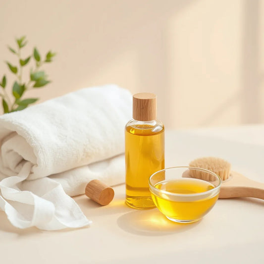 Glass bottle of body oil with a few drops, beside a towel and bowl in soft natural light.