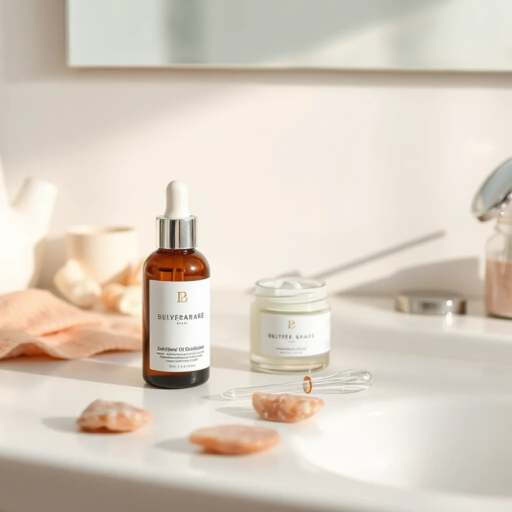 Serum bottle and moisturizer jar on a clean vanity with natural skincare accessories and soft glow lighting