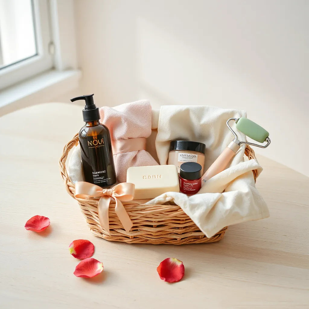 Assorted skincare bottles and a moisturizer jar arranged in an elegant gift basket with a satin bow