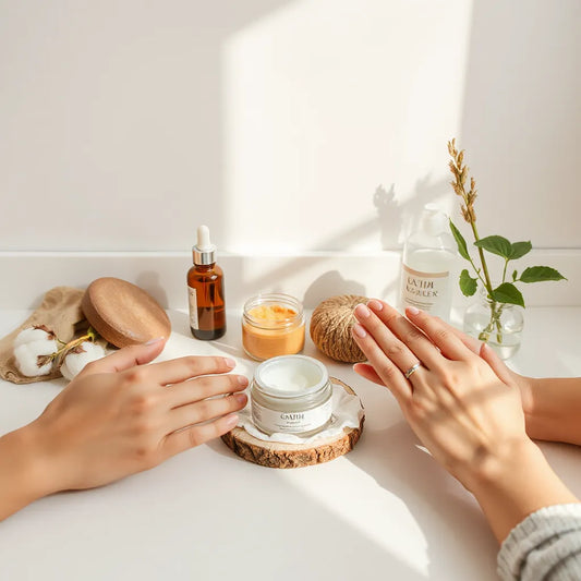 Diverse hands applying skincare products on a minimalist vanity countertop with soft daylight