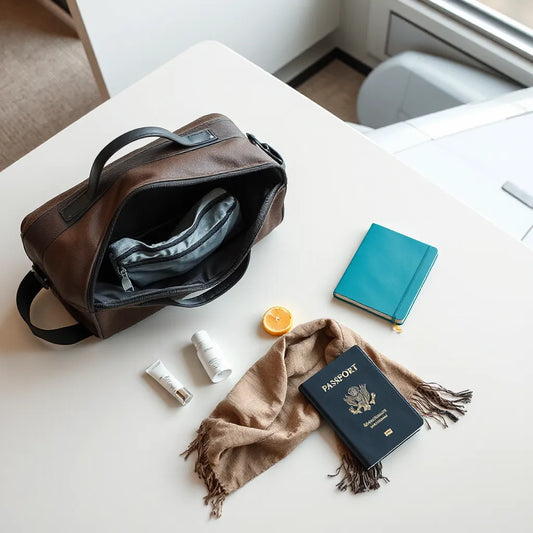 Person organizing a compact travel kit with self-care essentials on a bright tabletop