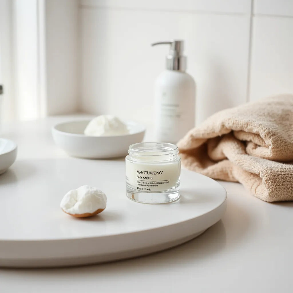 Jar of moisturizing face cream on a clean vanity with soft daylight and skincare essentials