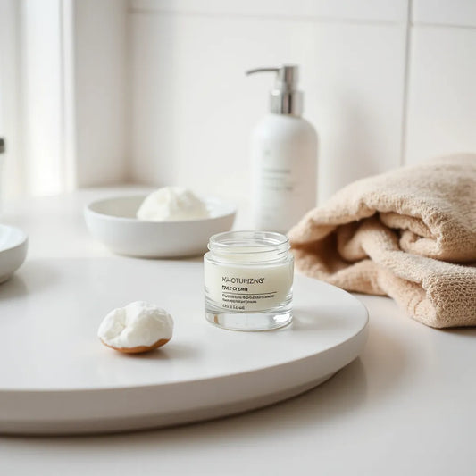 Jar of moisturizing face cream on a clean vanity with soft daylight and skincare essentials