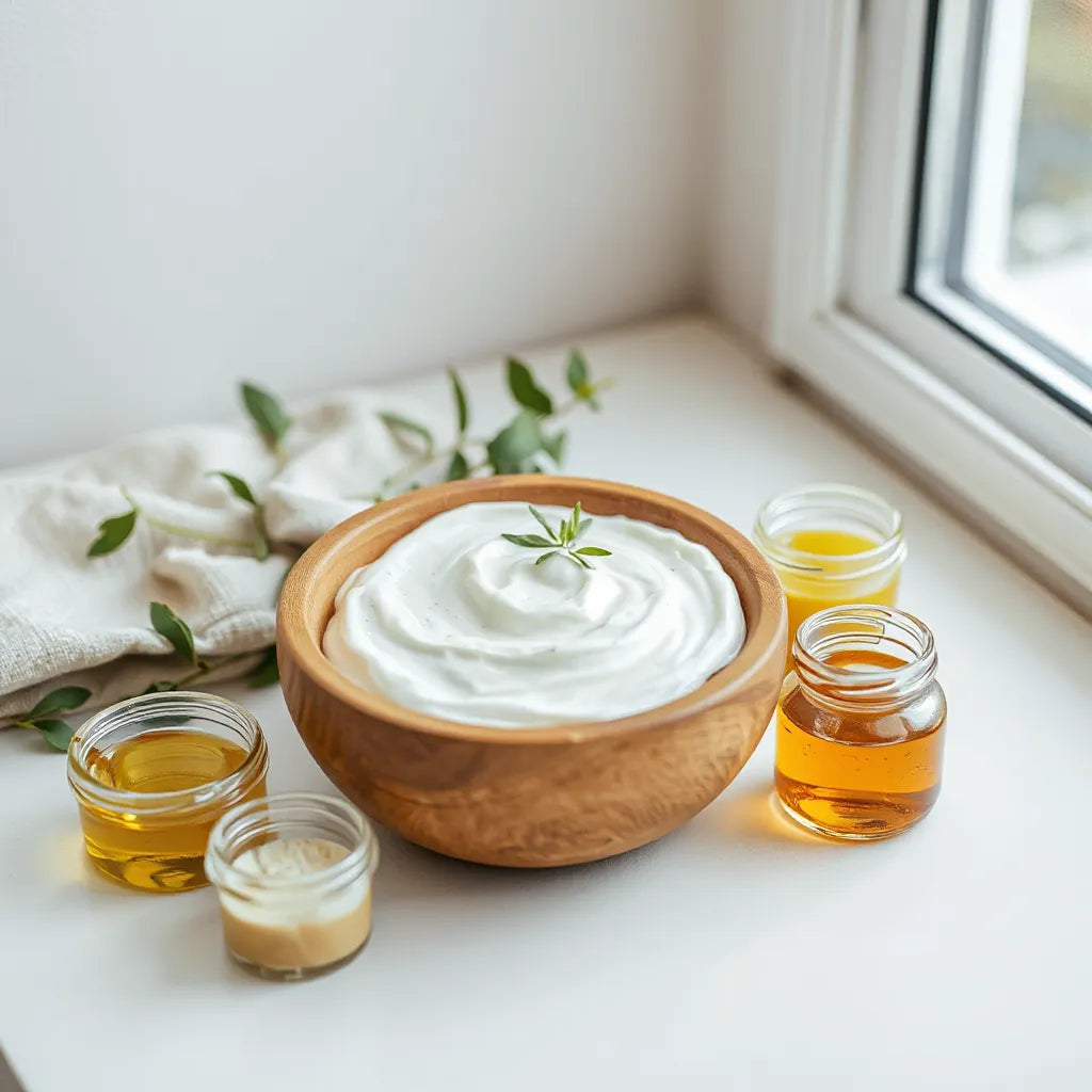 Natural skincare ingredients in glass jars and a creamy mask with fresh botanicals