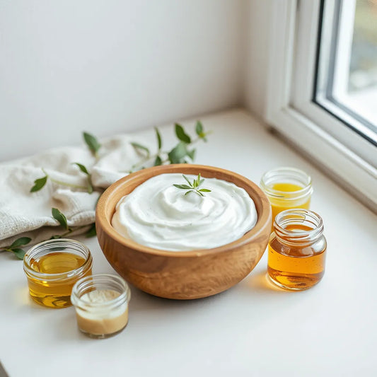 Natural skincare ingredients in glass jars and a creamy mask with fresh botanicals