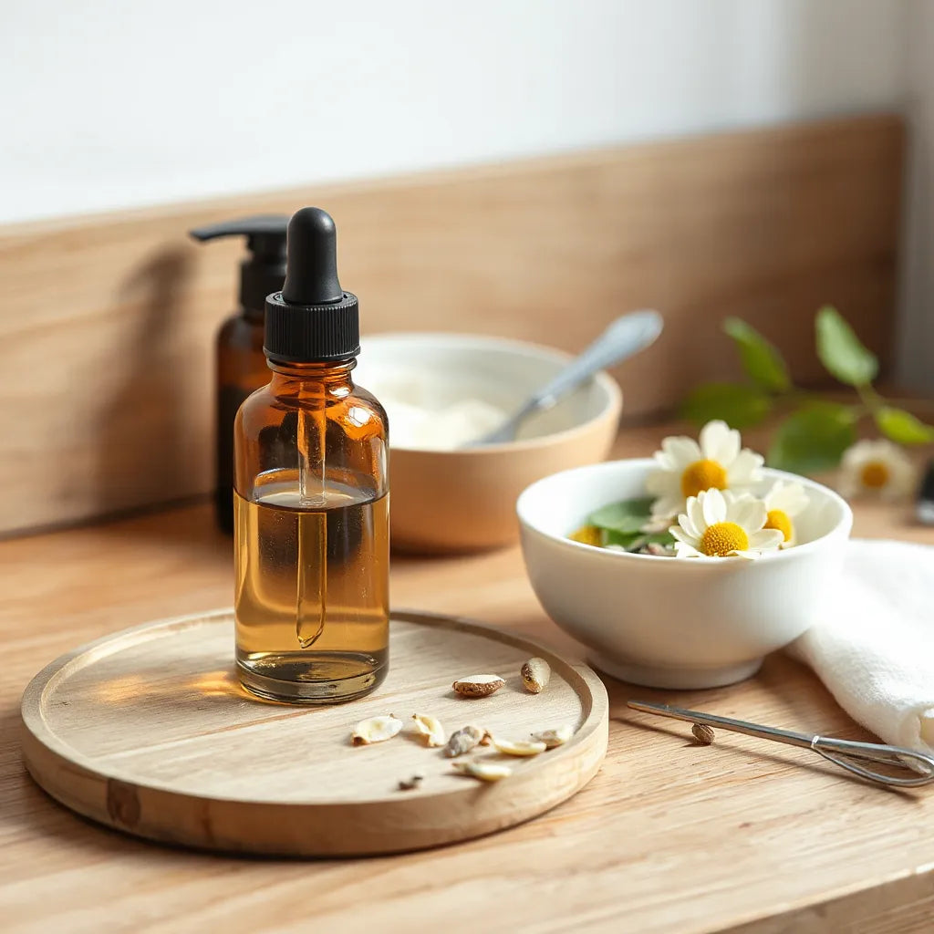 Glass dropper and cream jar on a wooden surface with visible botanical leaves and flowers