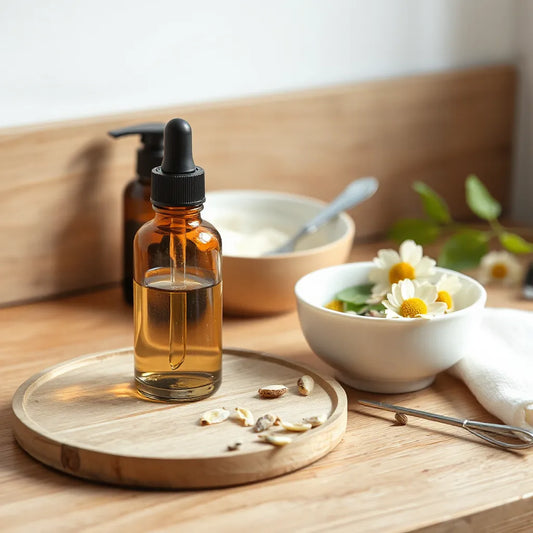 Glass dropper and cream jar on a wooden surface with visible botanical leaves and flowers