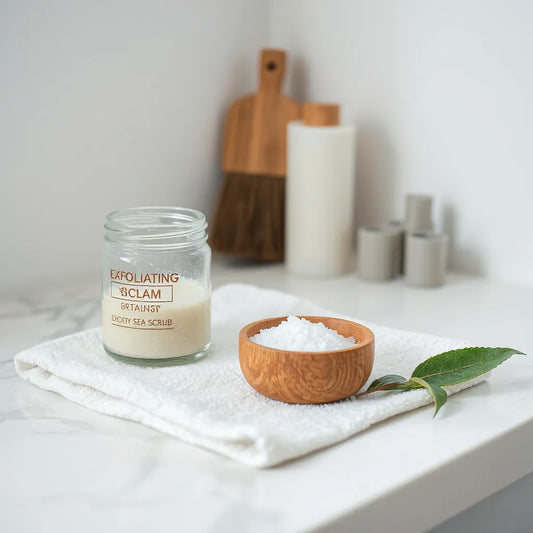 Jar of coarse body scrub and a wooden brush on a clean towel with sea salt.