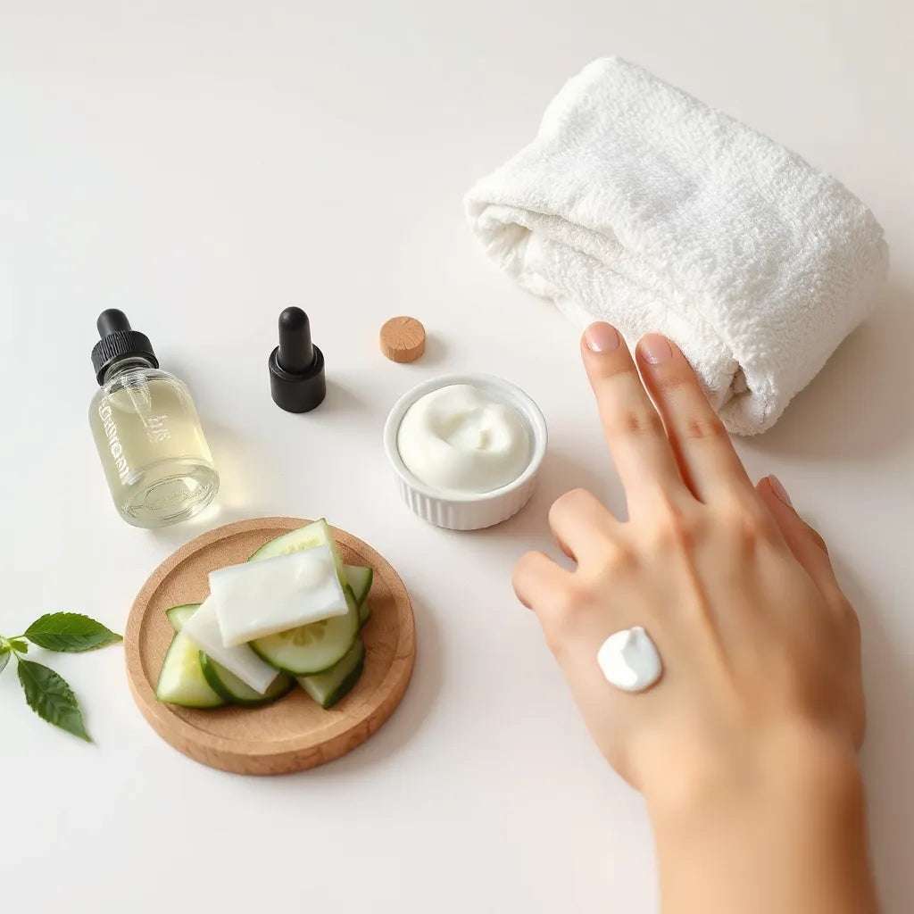 Skincare products and creamy serum on a minimalist setup with soft, radiant skin glow