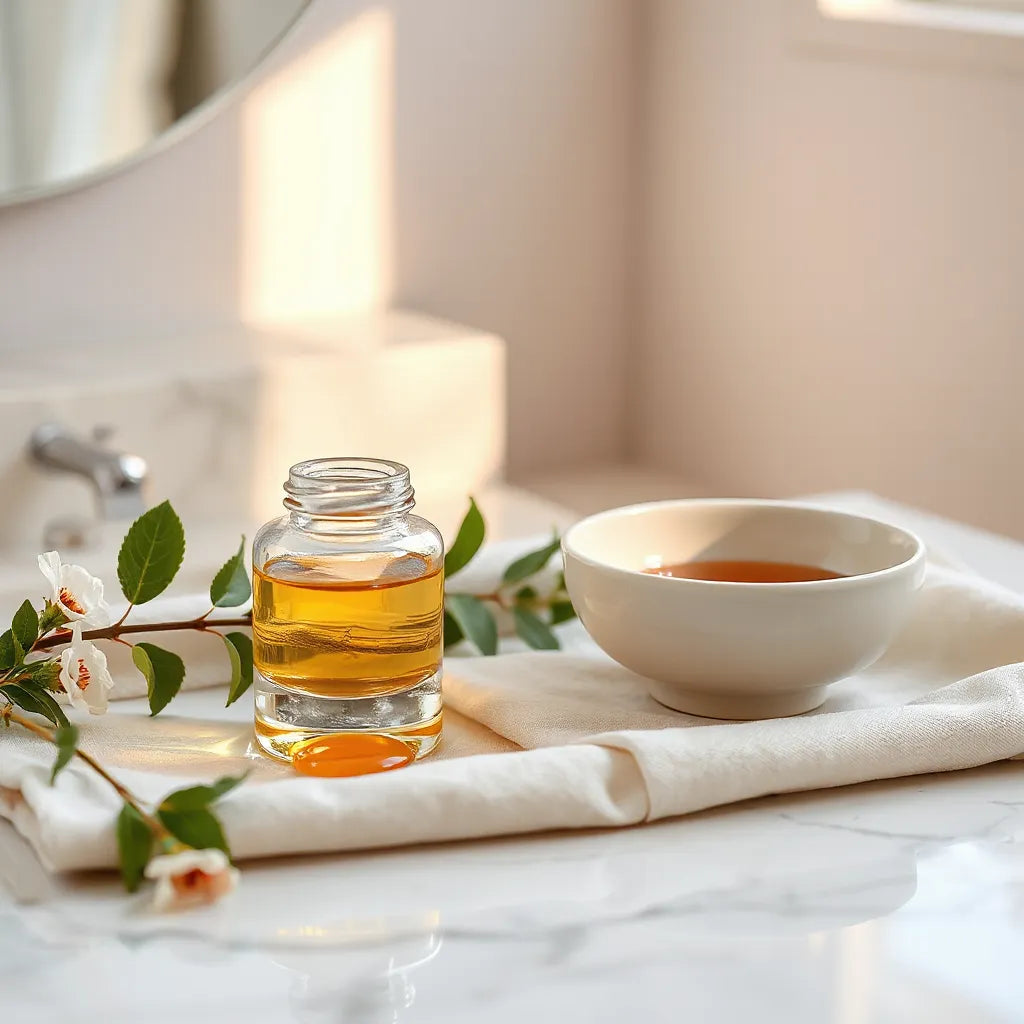 Luxury facial skincare products and serum droplets on a marble vanity with warm natural lighting