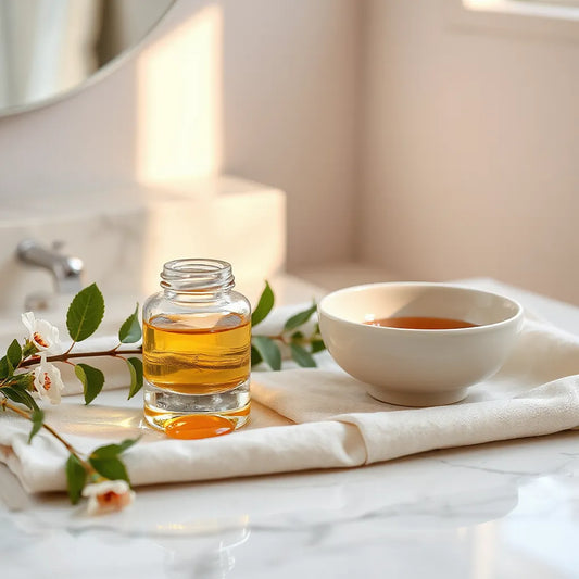 Luxury facial skincare products and serum droplets on a marble vanity with warm natural lighting