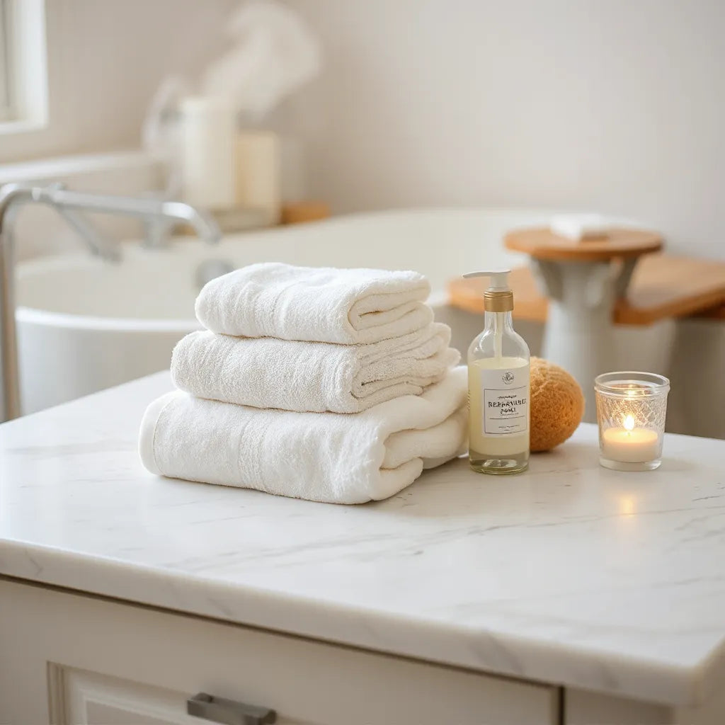Soft towels, bath salts, and body care items arranged on a marble bathroom vanity