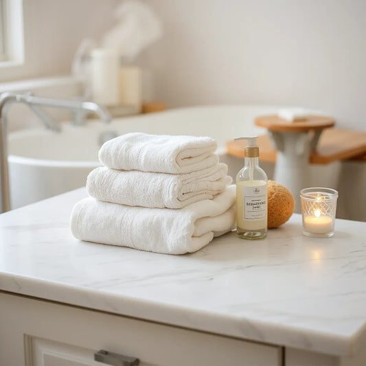 Soft towels, bath salts, and body care items arranged on a marble bathroom vanity