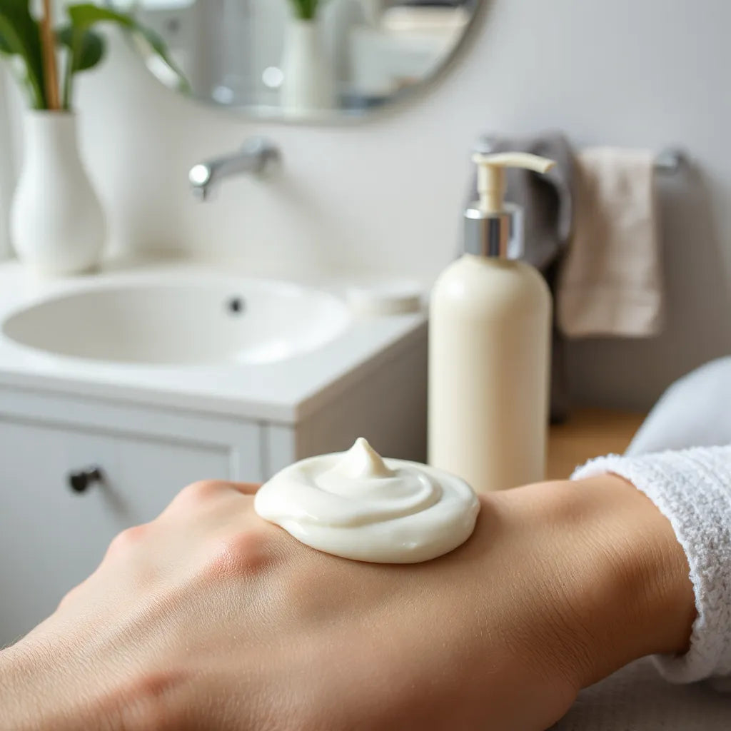 Body moisturizing lotion bottle with creamy lotion on smooth, hydrated skin