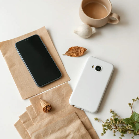 Biodegradable phone case resting beside a smartphone with natural materials on a clean tabletop.