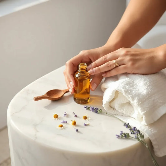Hands applying natural body oil to smooth skin with botanical ingredients on a clean spa counter