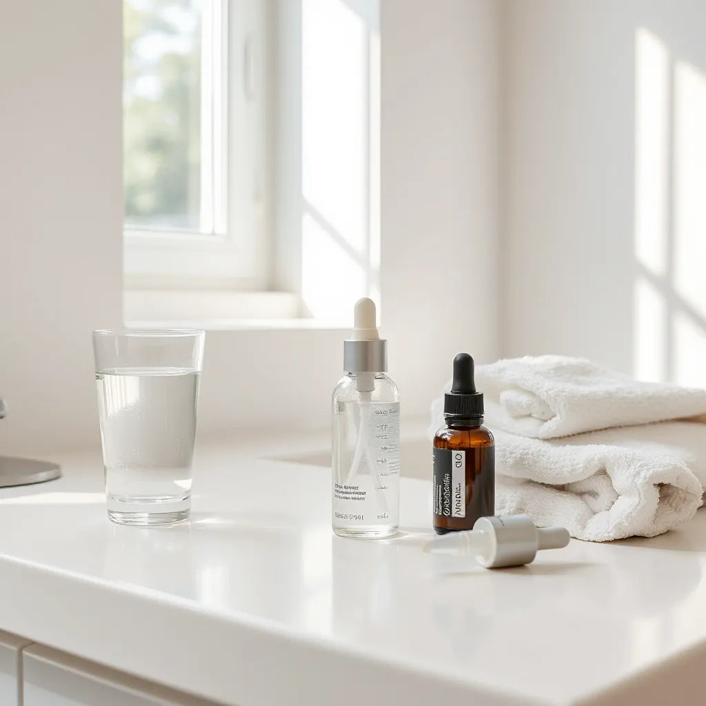 Glass of water and facial moisturizer on a clean bathroom countertop with soft natural light