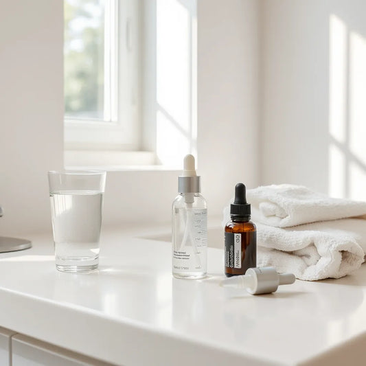 Glass of water and facial moisturizer on a clean bathroom countertop with soft natural light