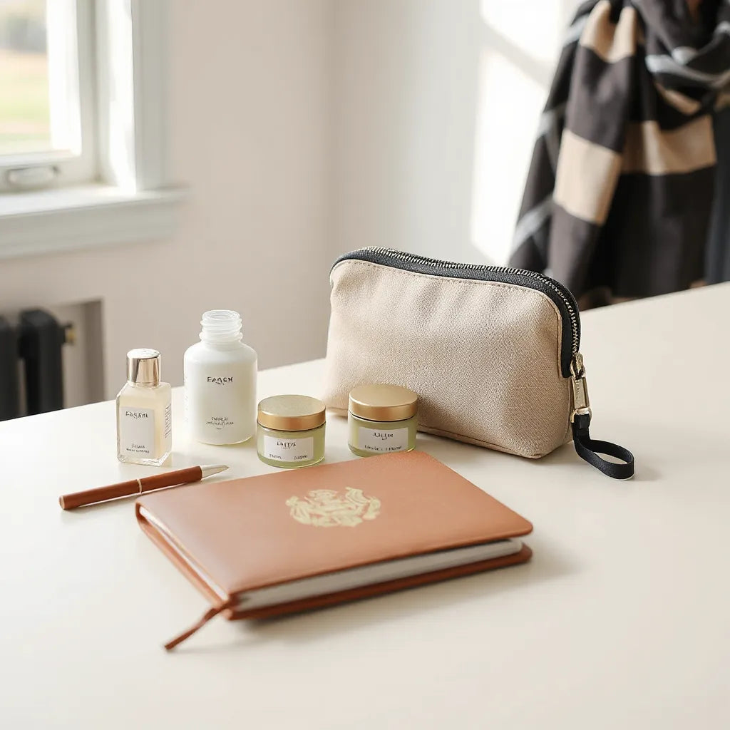TSA-friendly travel skincare bottles and a zip pouch neatly arranged on a light countertop