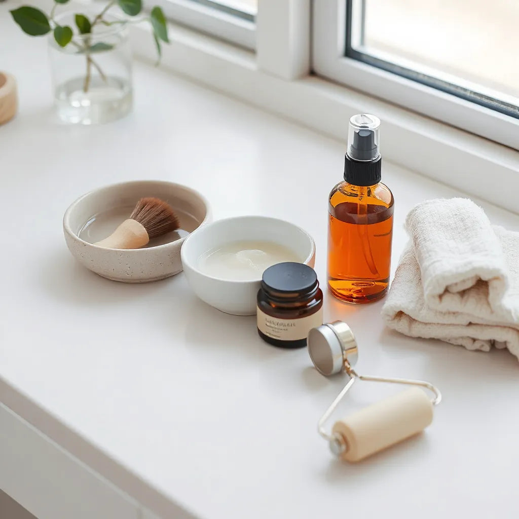 Face care essentials arranged on a clean vanity with serum dropper, moisturizer jar, and soft cloth.
