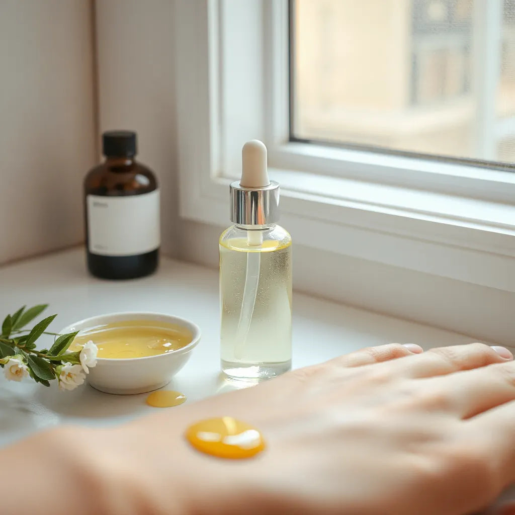 Glass dropper bottle of moisturizing body oil on a vanity with soft light and a smooth skin glow