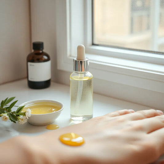 Glass dropper bottle of moisturizing body oil on a vanity with soft light and a smooth skin glow