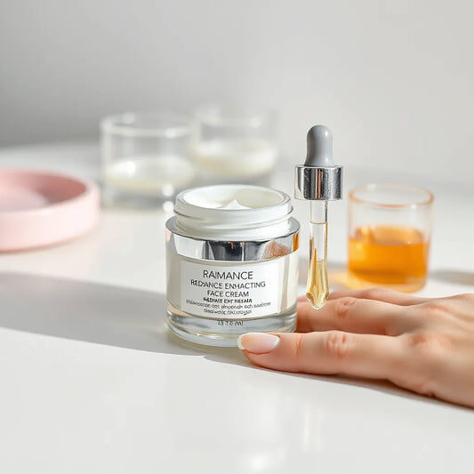 Radiance face cream jar with a dropper on a minimalist vanity in soft natural light