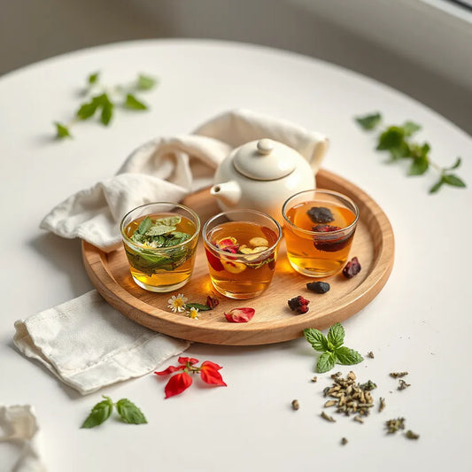 Glass cups of herbal tea with fresh herbs on a wooden tray in soft natural light