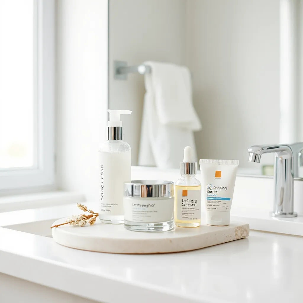 Skincare essentials arranged neatly on a bathroom vanity under soft natural light