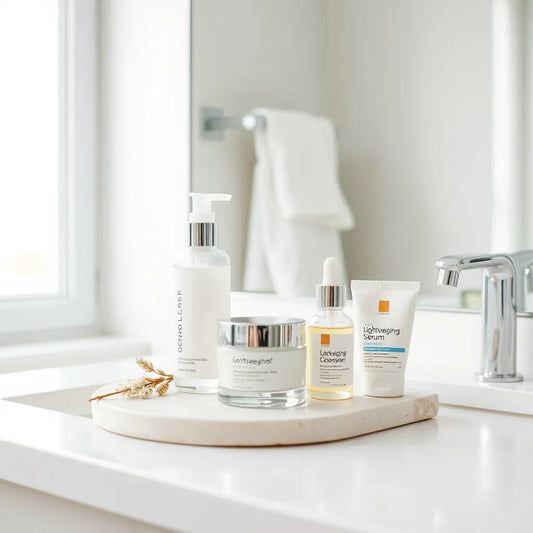 Skincare essentials arranged neatly on a bathroom vanity under soft natural light