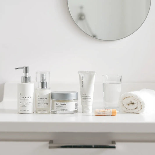 Skincare essentials on a clean bathroom vanity: cleanser, moisturizer, sunscreen, and lip balm