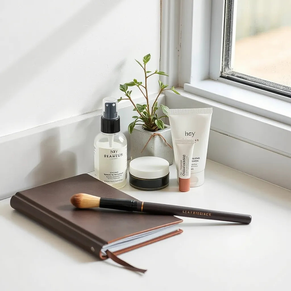 Minimally styled vanity with ethical-looking skincare and makeup items, soft natural light, and a small plant