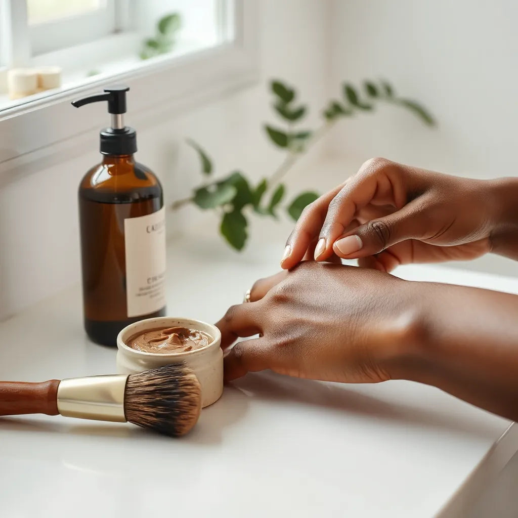 Hands applying a rich cream to melanin-rich skin on a warm-lit vanity with minimal skincare items nearby