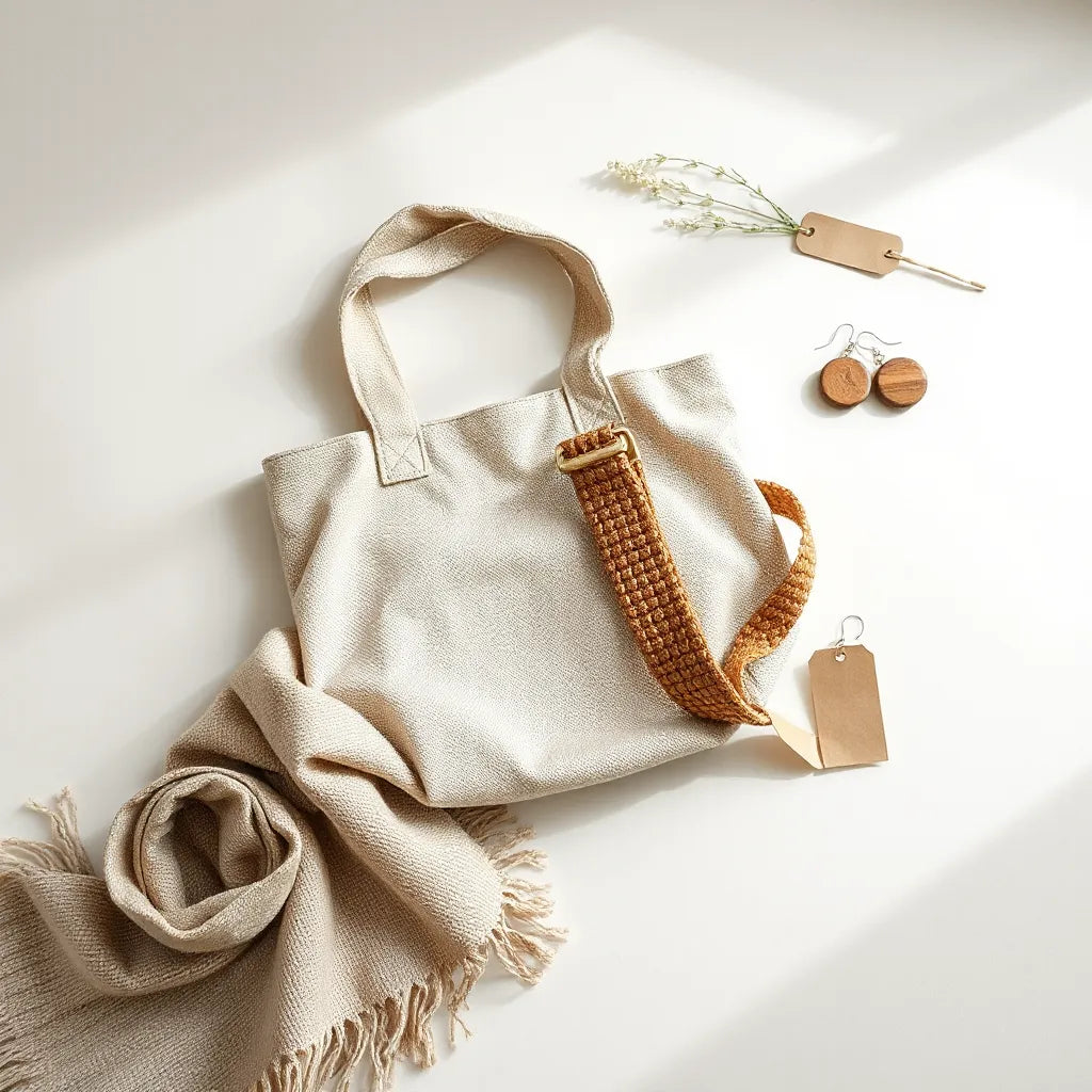 Sustainable fashion accessories laid out together: tote, scarf, woven belt, and simple earrings