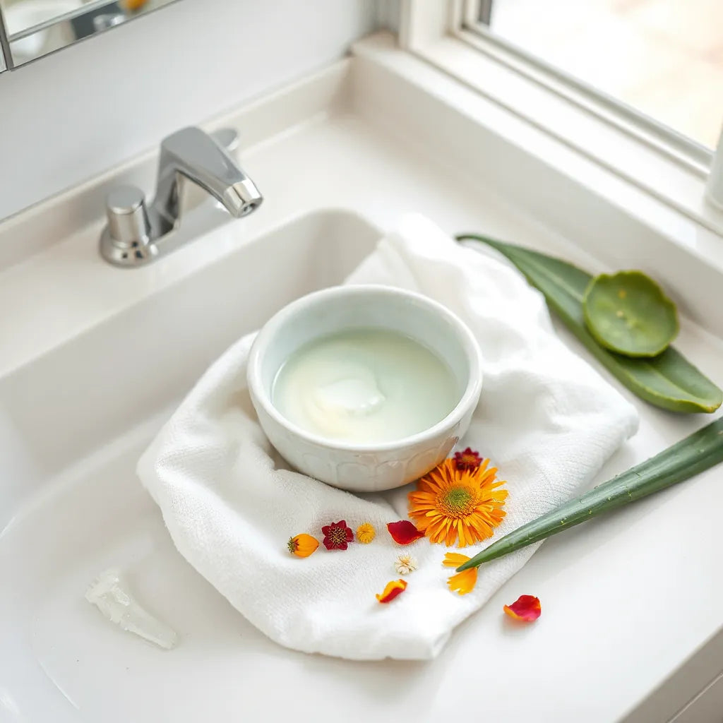Herbal facial cleanser in a ceramic bowl with fresh botanicals on a bright bathroom vanity